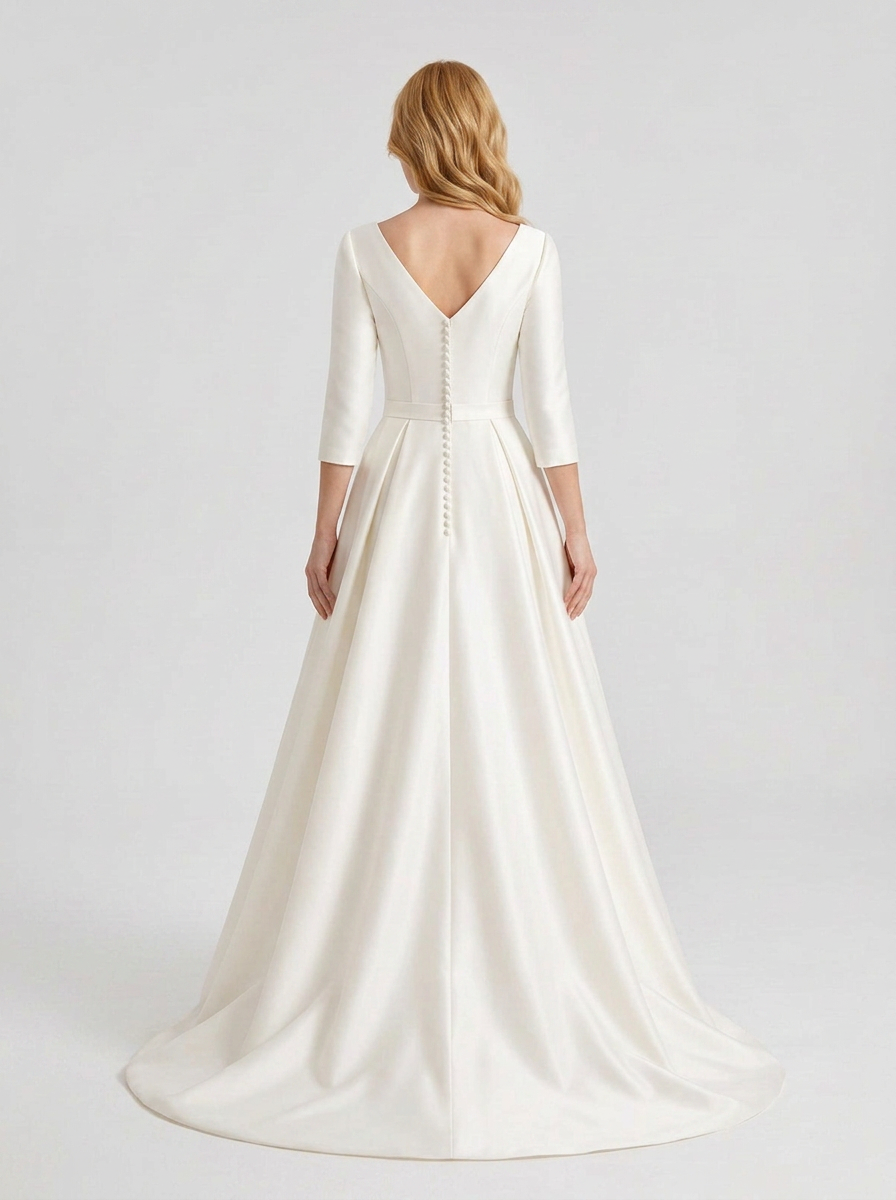 Elegant V-Neck White Satin Ball Gown Wedding Dress with Half Sleeves and Chapel Train