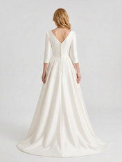 Elegant V-Neck White Satin Ball Gown Wedding Dress with Half Sleeves and Chapel Train