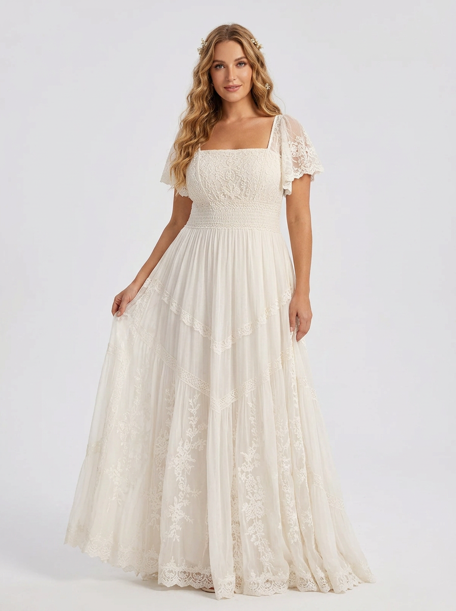 Elegant Square-Neck White Lace Boho A-Line Wedding Dress with Floor-Length Skirt