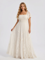 Elegant Square-Neck White Lace Boho A-Line Wedding Dress with Floor-Length Skirt
