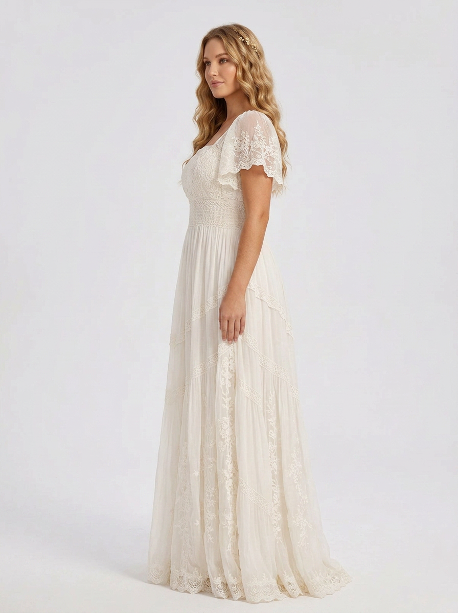 Elegant Square-Neck White Lace Boho A-Line Wedding Dress with Floor-Length Skirt