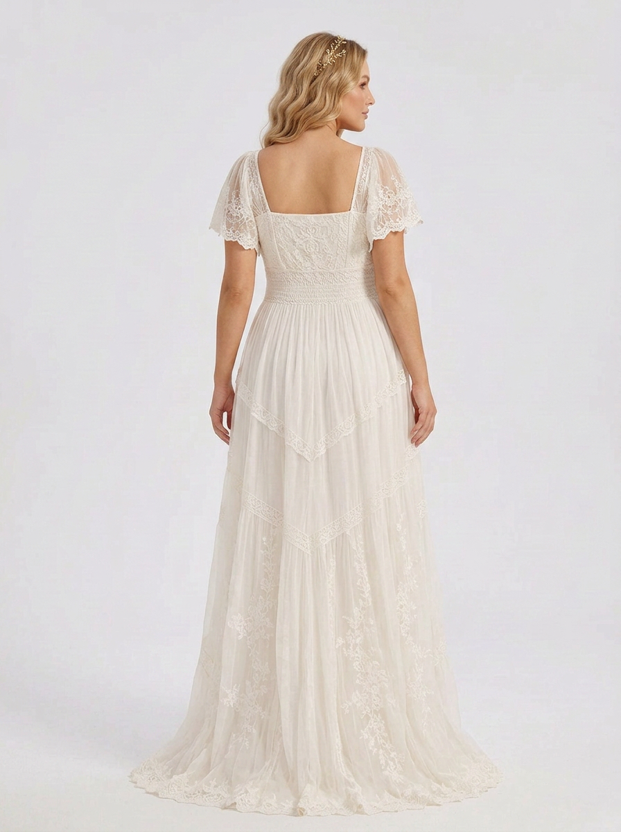 Elegant Square-Neck White Lace Boho A-Line Wedding Dress with Floor-Length Skirt