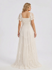 Elegant Square-Neck White Lace Boho A-Line Wedding Dress with Floor-Length Skirt
