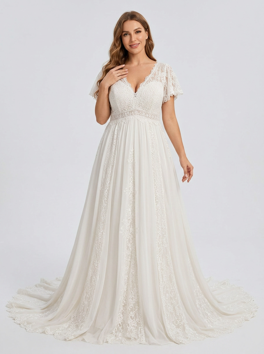 Elegant V-Neck White Lace Boho A-Line Wedding Dress with Flutter Sleeves and Chapel Train