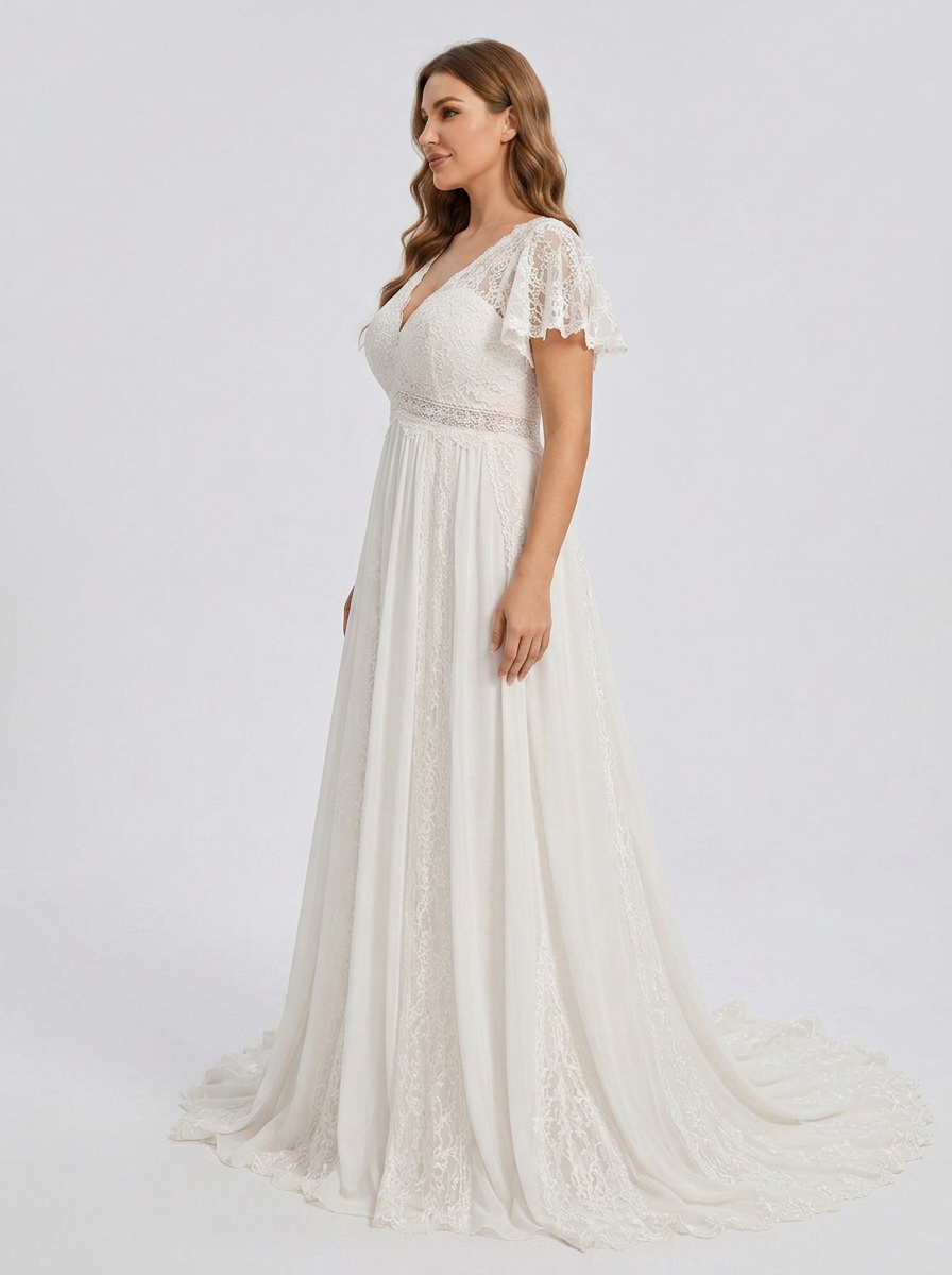 Elegant V-Neck White Lace Boho A-Line Wedding Dress with Flutter Sleeves and Chapel Train