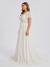 Elegant V-Neck White Lace Boho A-Line Wedding Dress with Flutter Sleeves and Chapel Train