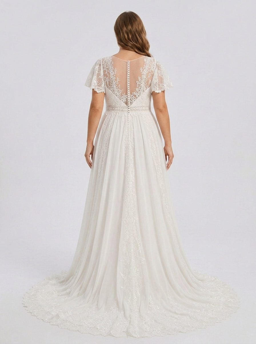 Elegant V-Neck White Lace Boho A-Line Wedding Dress with Flutter Sleeves and Chapel Train
