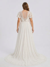 Elegant V-Neck White Lace Boho A-Line Wedding Dress with Flutter Sleeves and Chapel Train
