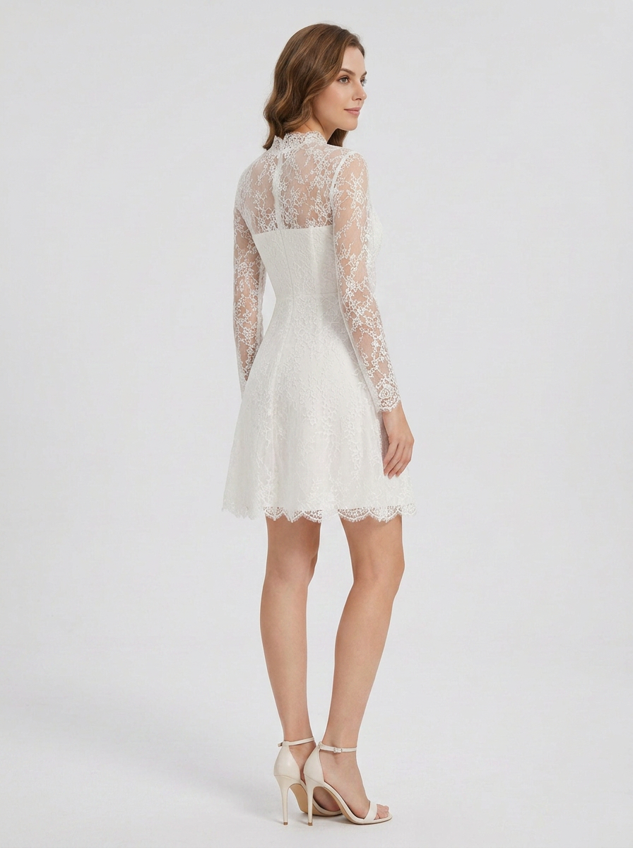 Elegant Illusion High-Neck Long-Sleeve White Lace Short Cocktail Wedding Dress