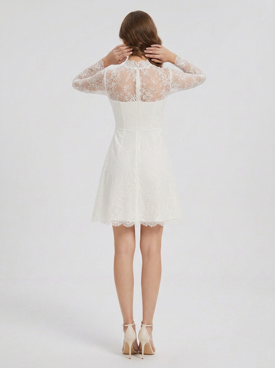 Elegant Illusion High-Neck Long-Sleeve White Lace Short Cocktail Wedding Dress