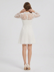 Elegant Illusion High-Neck Long-Sleeve White Lace Short Cocktail Wedding Dress