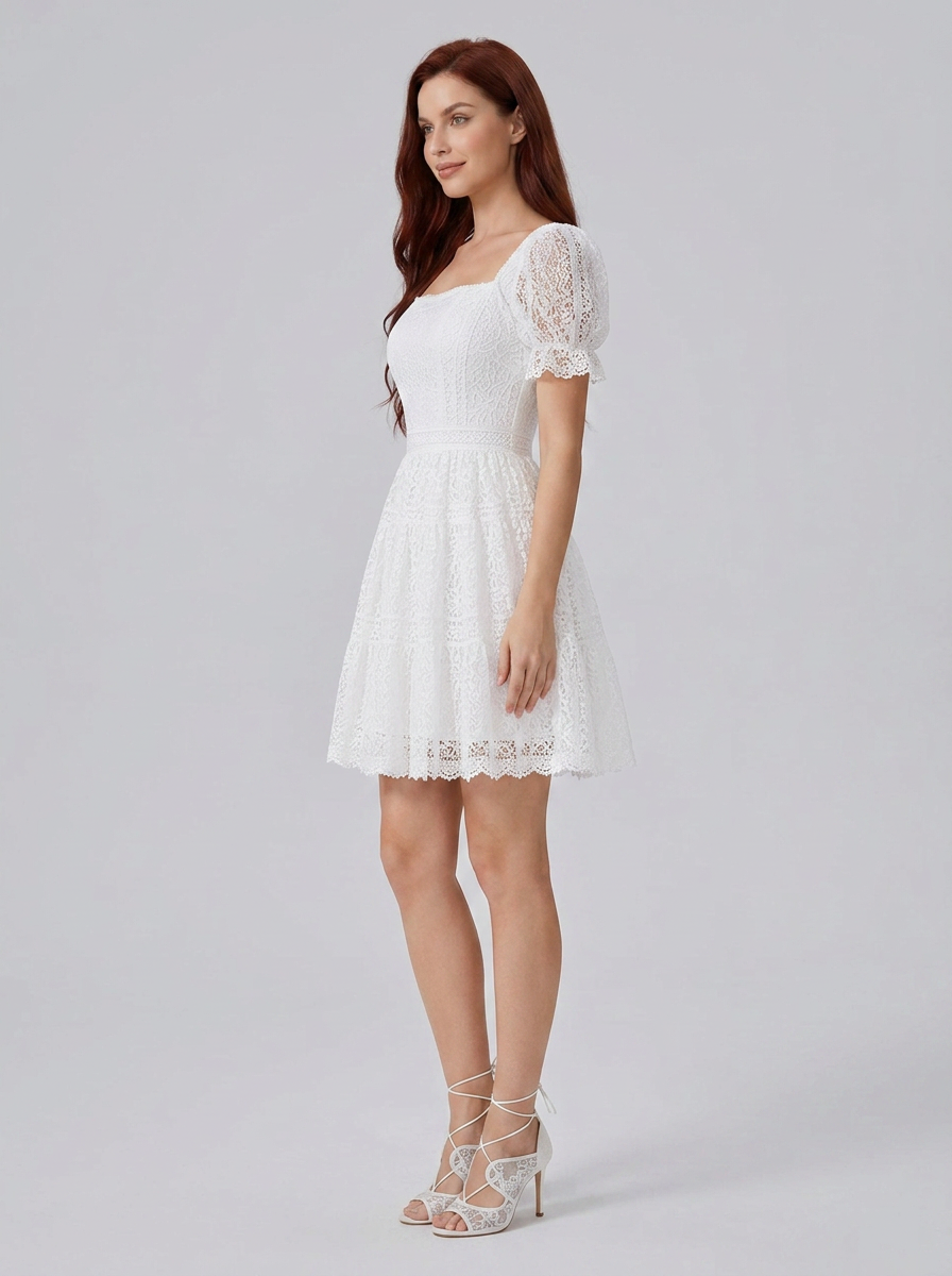Elegant Square-Neck Short White Lace A-Line Cocktail Dress with Puff Sleeves