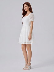 Elegant Square-Neck Short White Lace A-Line Cocktail Dress with Puff Sleeves