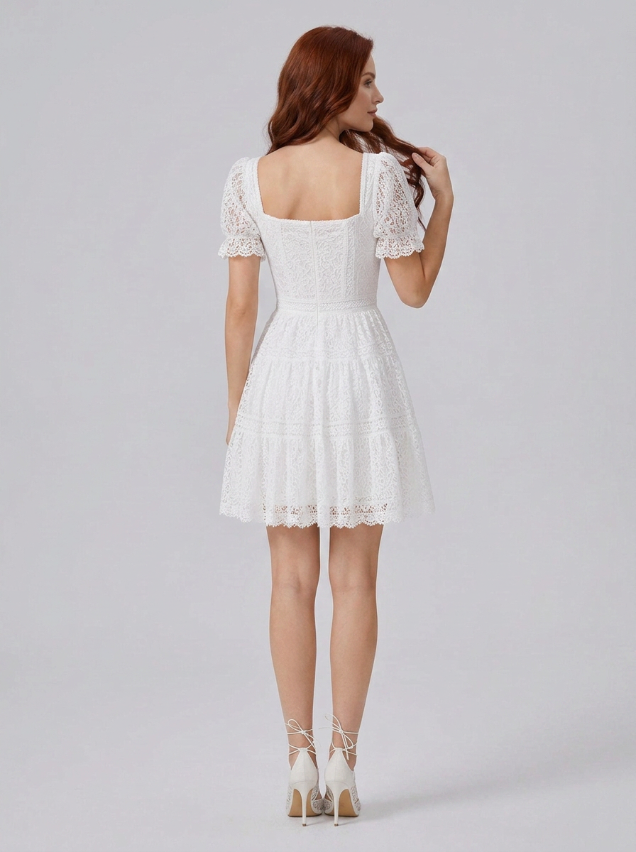 Elegant Square-Neck Short White Lace A-Line Cocktail Dress with Puff Sleeves