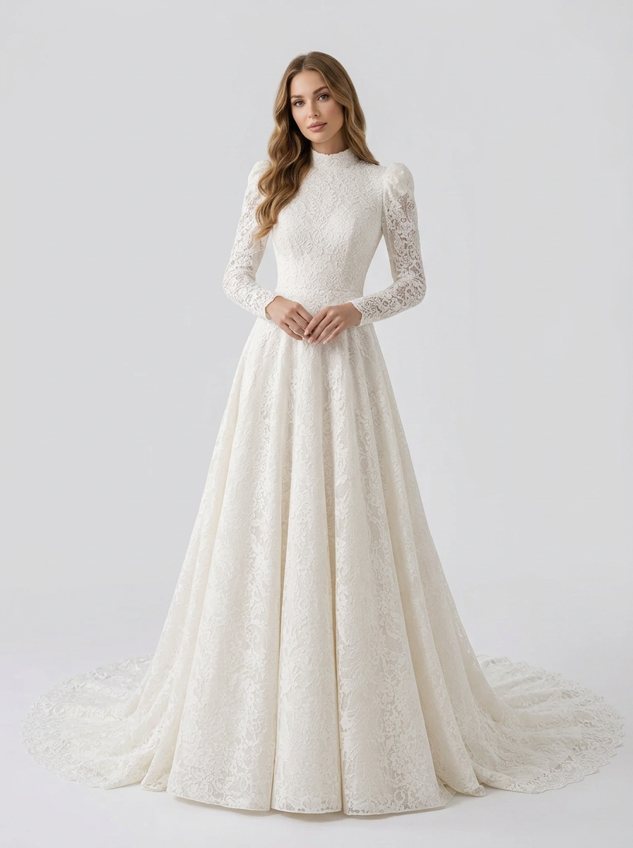 Elegant High-Neck Long-Sleeve White Lace A-Line Wedding Dress with Chapel Train