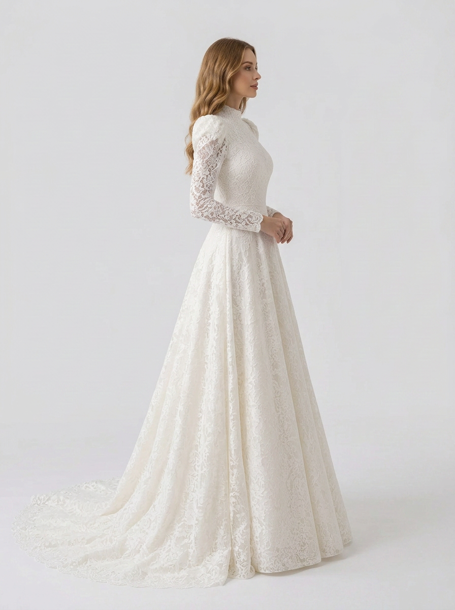 Elegant High-Neck Long-Sleeve White Lace A-Line Wedding Dress with Chapel Train