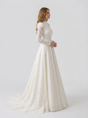 Elegant High-Neck Long-Sleeve White Lace A-Line Wedding Dress with Chapel Train