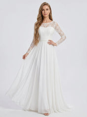 Elegant Illusion Scoop-Neck Long-Sleeve White Chiffon and Lace A-Line Wedding Dress with Chapel Train