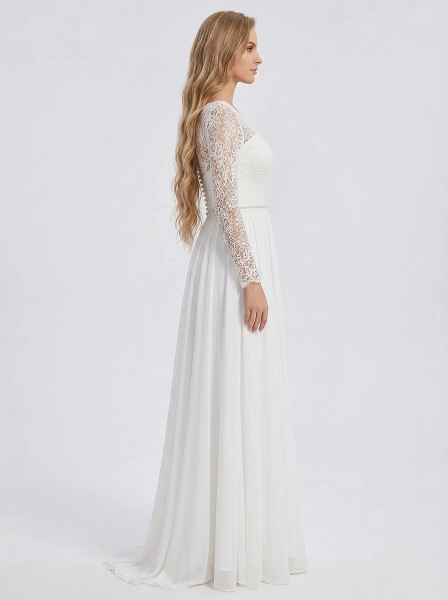 Elegant Illusion Scoop-Neck Long-Sleeve White Chiffon and Lace A-Line Wedding Dress with Chapel Train