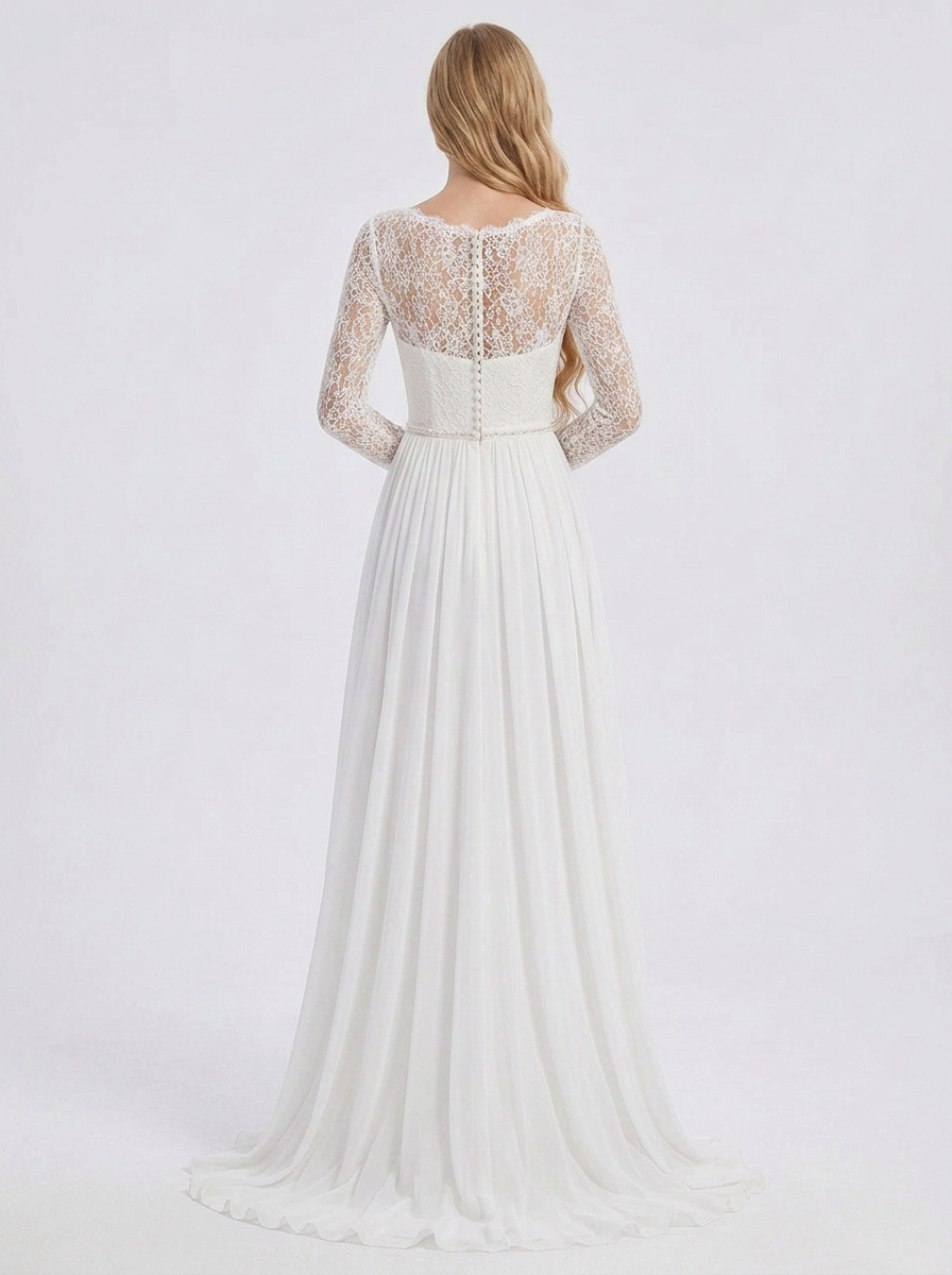 Elegant Illusion Scoop-Neck Long-Sleeve White Chiffon and Lace A-Line Wedding Dress with Chapel Train