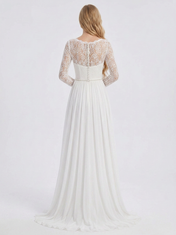 Elegant Illusion Scoop-Neck Long-Sleeve White Chiffon and Lace A-Line Wedding Dress with Chapel Train