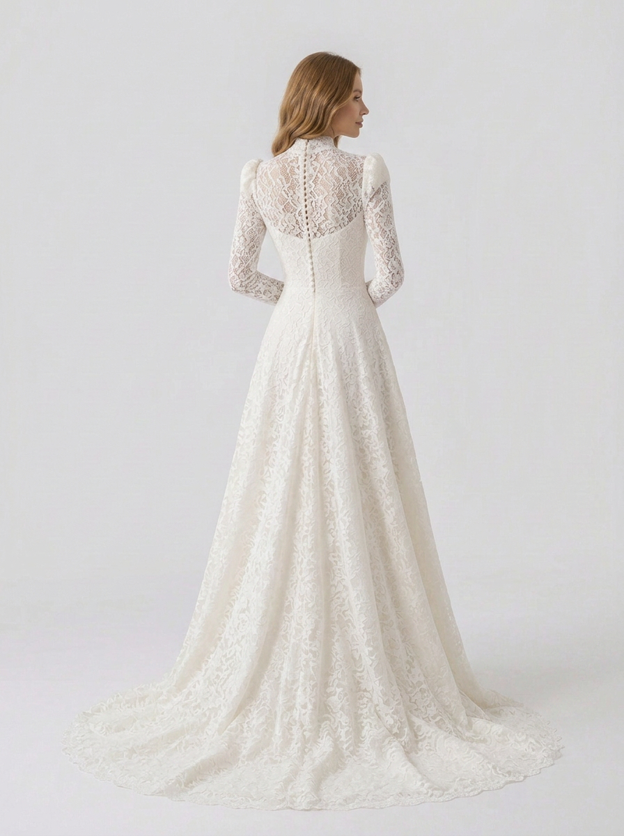 Elegant High-Neck Long-Sleeve White Lace A-Line Wedding Dress with Chapel Train