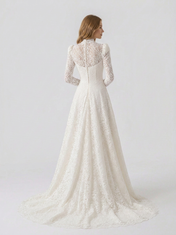 Elegant High-Neck Long-Sleeve White Lace A-Line Wedding Dress with Chapel Train