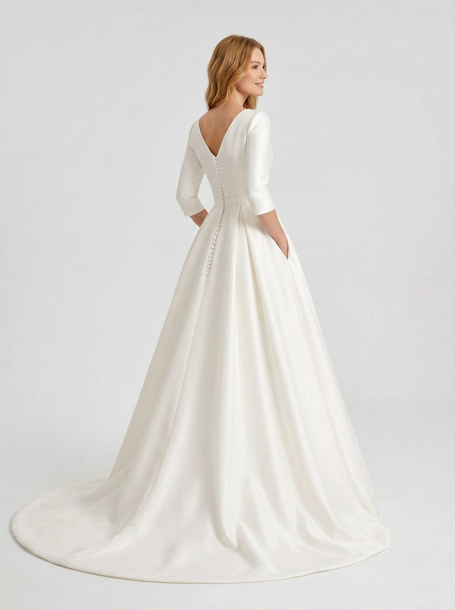 Elegant V-Neck White Satin Ball Gown Wedding Dress with Half Sleeves and Chapel Train