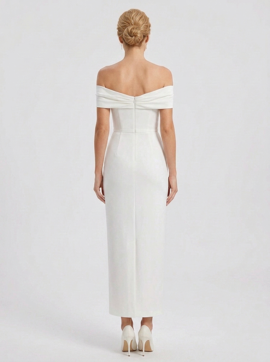Elegant Off-the-Shoulder White Crepe Sheath Floor-Length Wedding Dress
