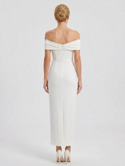 Elegant Off-the-Shoulder White Crepe Sheath Floor-Length Wedding Dress