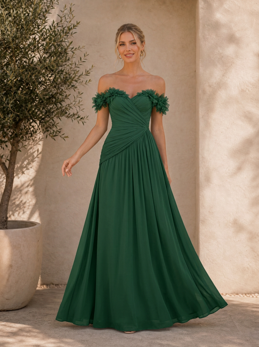 Sage Green Off-the-Shoulder Ruched Chiffon Floor-Length Gown Dress