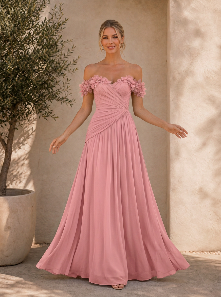 Sage Green Off-the-Shoulder Ruched Chiffon Floor-Length Gown Dress