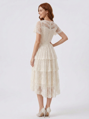Elegant V-Neck White Lace Midi Cocktail Wedding Dress with Tiered Skirt