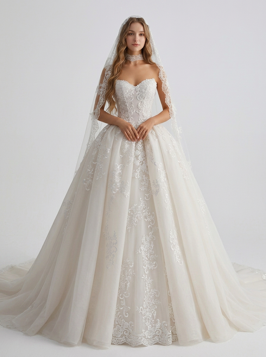 Elegant Strapless Sweetheart Lace Appliqué A-Line Wedding Dress with Chapel Train