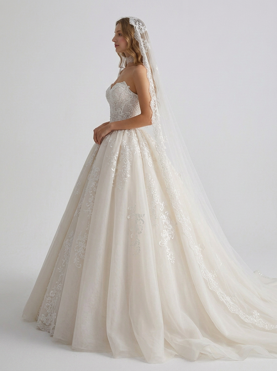 Elegant Strapless Sweetheart Lace Appliqué A-Line Wedding Dress with Chapel Train