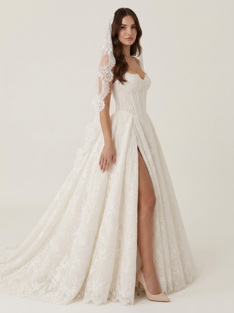 Elegant Strapless Sweetheart Allover Lace A-Line Wedding Dress with High Slit and Chapel Train