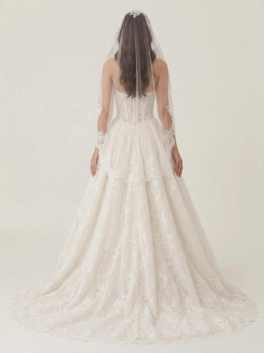 Elegant Strapless Sweetheart Allover Lace A-Line Wedding Dress with High Slit and Chapel Train
