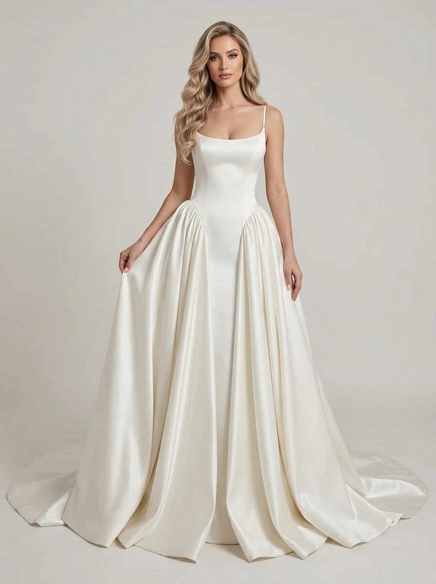 Elegant Spaghetti Strap Satin A-Line Wedding Dress with Draped Overskirt and Chapel Train