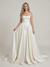 Elegant Spaghetti Strap Satin A-Line Wedding Dress with Draped Overskirt and Chapel Train