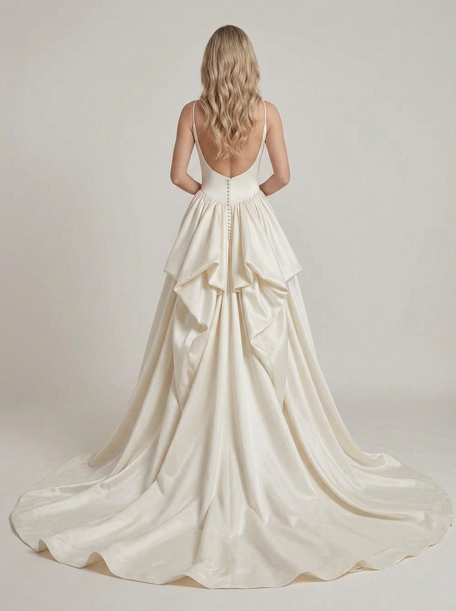 Elegant Spaghetti Strap Satin A-Line Wedding Dress with Draped Overskirt and Chapel Train
