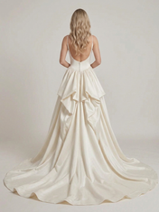 Elegant Spaghetti Strap Satin A-Line Wedding Dress with Draped Overskirt and Chapel Train