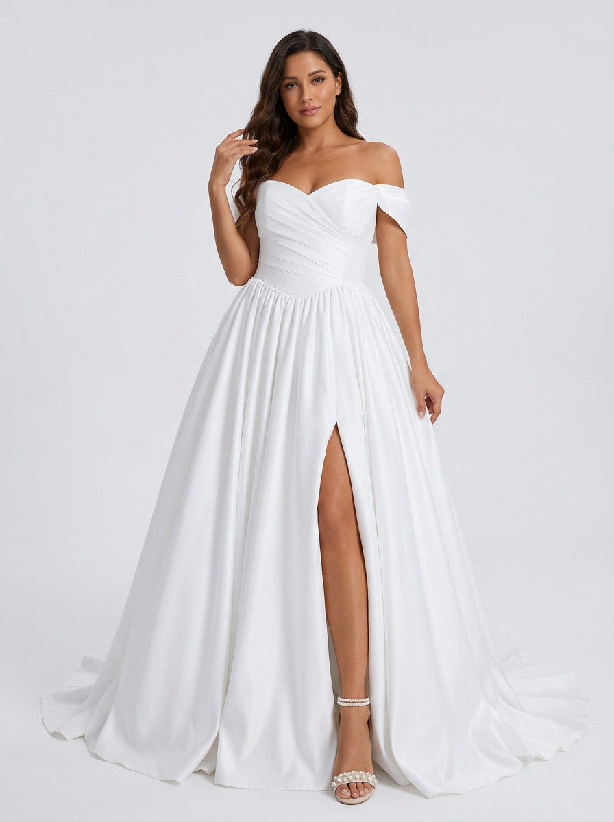 Elegant Off-the-Shoulder Ruched Satin A-Line Wedding Dress with High Slit and Chapel Train
