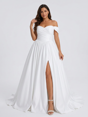 Elegant Off-the-Shoulder Ruched Satin A-Line Wedding Dress with High Slit and Chapel Train