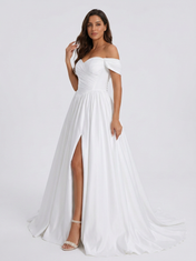 Elegant Off-the-Shoulder Ruched Satin A-Line Wedding Dress with High Slit and Chapel Train