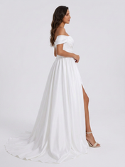 Elegant Off-the-Shoulder Ruched Satin A-Line Wedding Dress with High Slit and Chapel Train