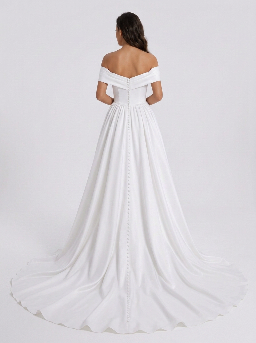 Elegant Off-the-Shoulder Ruched Satin A-Line Wedding Dress with High Slit and Chapel Train