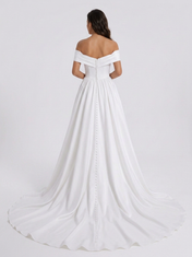 Elegant Off-the-Shoulder Ruched Satin A-Line Wedding Dress with High Slit and Chapel Train