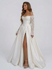 Elegant Off-the-Shoulder Lace Long Sleeve Satin A-Line Wedding Dress with High Slit and Sweep Train