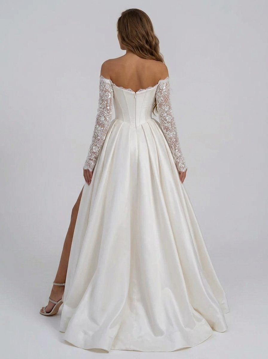 Elegant Off-the-Shoulder Lace Long Sleeve Satin A-Line Wedding Dress with High Slit and Sweep Train