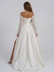 Elegant Off-the-Shoulder Lace Long Sleeve Satin A-Line Wedding Dress with High Slit and Sweep Train
